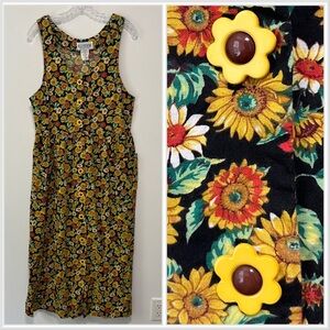 Vintage Y2K 90s Sunflower Black Floral Button Down Midi Maxi Long Dress 10